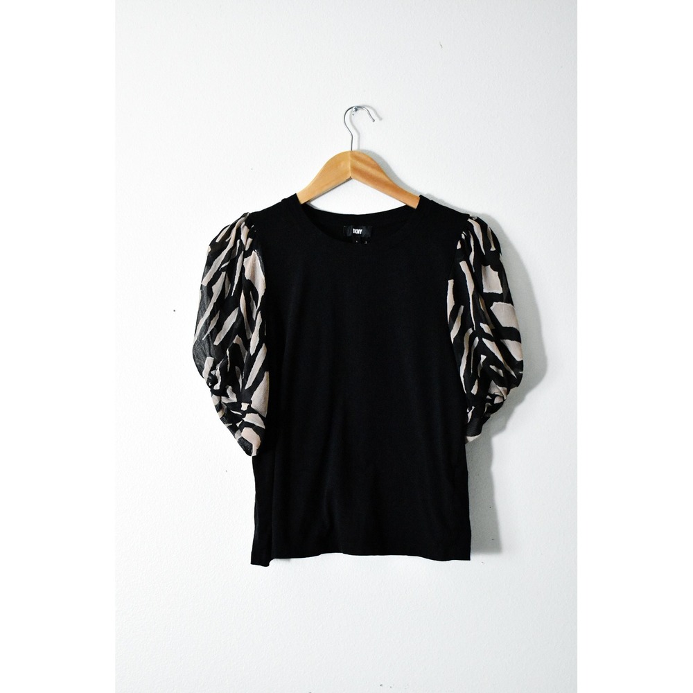 DKNY Knit Top Women Large Black Modern Mixed Media Sheer Puff Sleeve Abstract